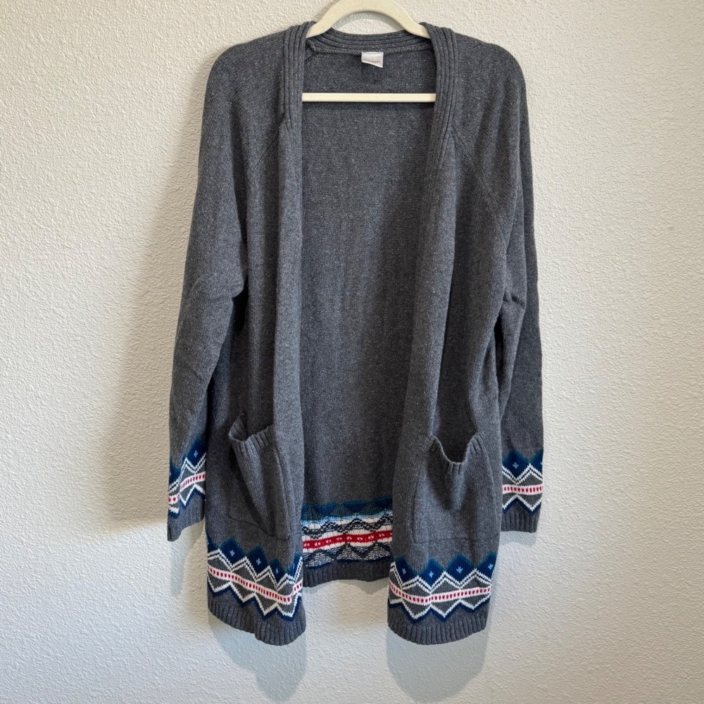 Hanna Andersson Gray Fair Isle Wool‎ Blend Open Front Cardigan Sweater Womens L